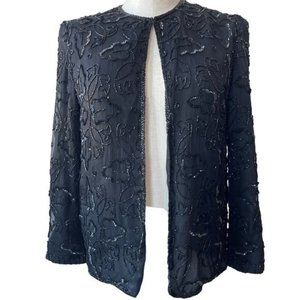 JMC Silk Evening Jacket Cardigan Black Sequin Beaded Floral Petite Small Vintage
